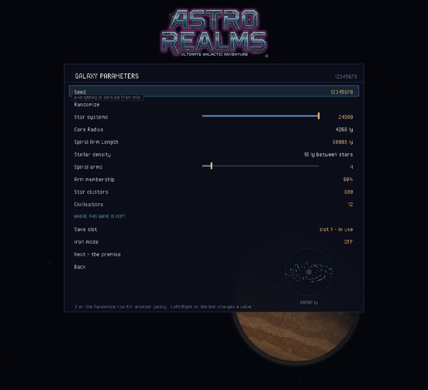 Galaxy parameters screen with seed, star systems and civilisation counts