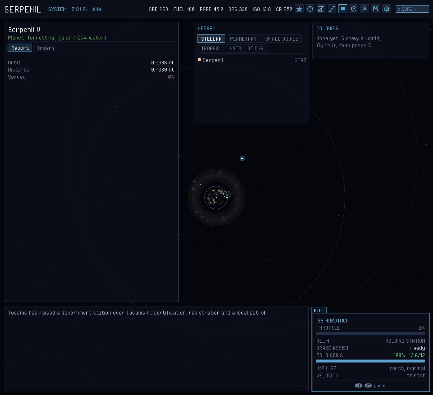A star system view with orbits, a nearby panel and a colonies panel